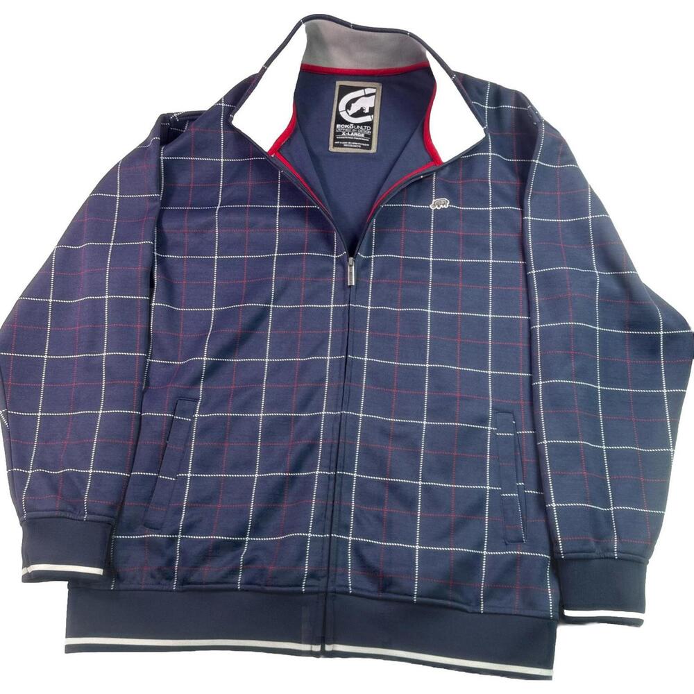 Ecko Unltd Track Jacket Mens XL Blue Plaid Full Zip Embroidered Hip Hop Y2K